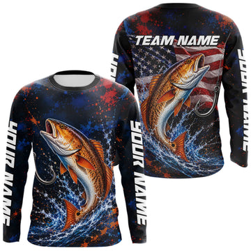 Maxcorners Personalized Redfish Splatter US Flag Fishing Jersey Custom Name Long Sleeve Fishing Shirt For Men LM0609