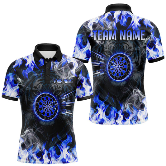 Maxcorners Blue Flaming Tiger Men Dart Polo Shirts Personalized Name & Team Fire Flame Dart Jerseys