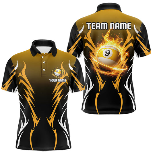 Maxcorners Custom Yellow Flames 8 Ball Men's Billiard Shirts Personalized Billiard Cue Attire Gifts LM0101