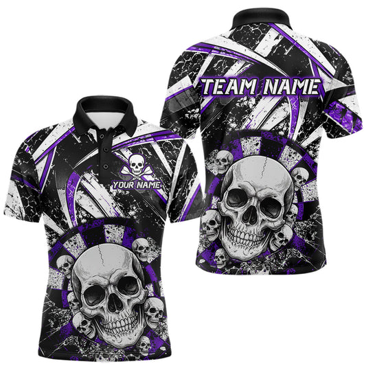 Maxcorners Black & Purple Dartboard Grunge Men Darts Polo Shirts Custom Multi-Skull Dart Team Jerseys