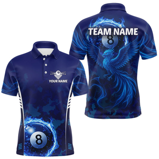 Maxcorners Blue Camouflage Men's Billiard Polo & 1/4 Zip Shirt Custom Flame 8 Ball Billiard Jerseys LM0101