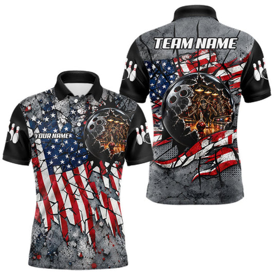 Maxcorners Men's Custom Patriotic Bowling Polo 1/4-Zip Shirt Cracked US Flag And Bowling Ball Tournament Shirts LM0510