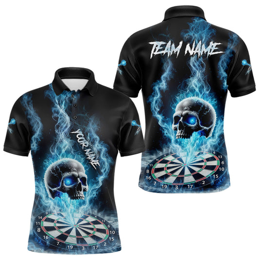 Maxcorners Custom Blue Ice Smoke Skull Dartboard Darts Polo Shirt For Men Dart League Jerseys