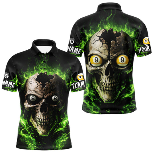 Maxcorners Green Flaming Cracked Skull 8 Ball & 9 Ball Pool Billiard Shirt For Men Custom Billiard Apparel LM0402