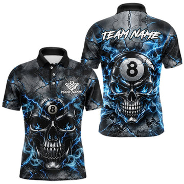 Maxcorners Broken Grunge Skull 8 Ball Pool Billiard Shirt For Men Blue Smokes Billiards 1/4-Zip Polo Jersey LM0510