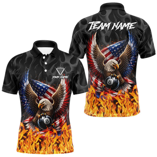 Maxcorners Personalized Fire Flame US Flag Eagle 8 Ball Pool Billiard Shirts For Men Patriotic Billiard Gifts LM2704