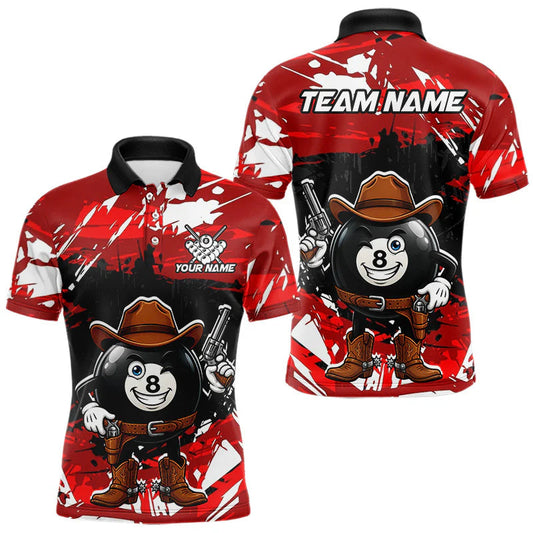 Maxcorners Funny Billiard 8 Ball Cowboy Gun Shirt For Men Custom Grunge Billiard Team Attire | Red LM0706