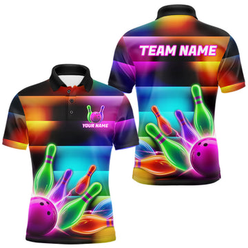 Maxcorners Mens Neon Light Bowling Team Shirts Personalized Colorful Ball & Pins Bowling Attire LM0706