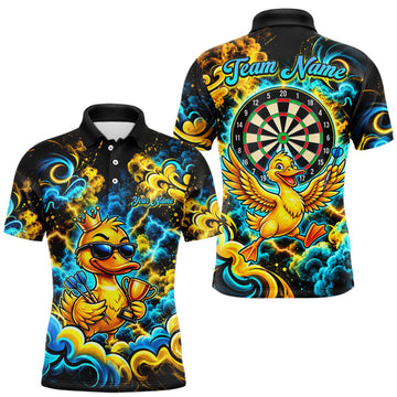 Maxcorners Yellow Blue Smoke Duck Darts Polo 1/4-Zip Shirt For Men Neon Lightning Funny Darts Team Uniform
