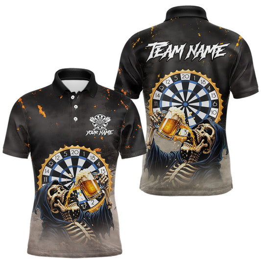 Maxcorners Personalized Funny Grim Reaper Play Darts & Beer Polo & 1/4-Zip Shirts For Men Dart Team Jerseys