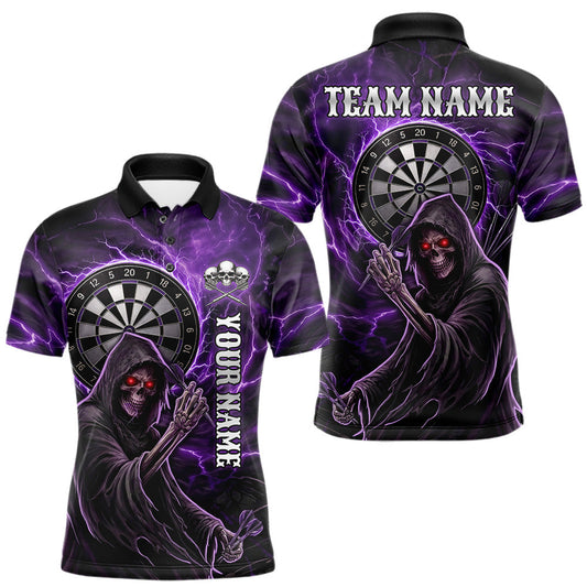 Maxcorners Grunge Purple Grim Reaper Men Darts Polo & 1/4-Zip Shirts Custom Thunder Lightning Darts Team Jersey