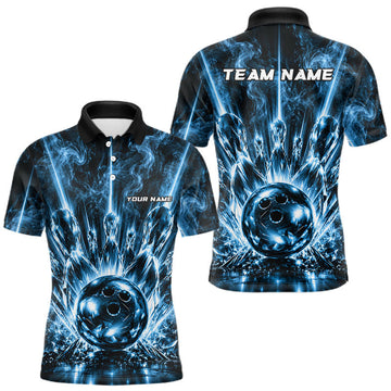 Maxcorners Custom Crystal Glass Men Bowling Polo 1/4-Zip Shirt Blue Neon Smoke Bowling Team Jersey Gift For Bowler