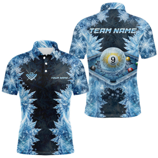 Maxcorners Icy Pattern Blue 9 Ball Pool Billiard Team Shirt For Men Custom Snowflake Billiards Ball Attire