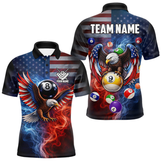 Maxcorners Blue & Red Flames Eagle 8 Ball 9 Ball Pool Billiard Shirt For Men Custom US Flag Billiard Jersey