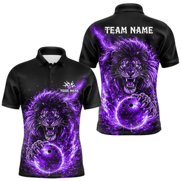 Maxcorners Personalized Purple Flame Lion Bowling Shirts For Men Custom Fire Lion Team Bowling Jersey LM1508