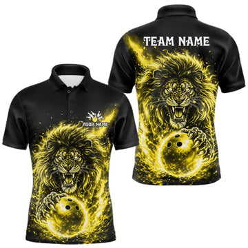 Maxcorners Personalized Yellow Flame Lion Bowling Shirts For Men Custom Fire Lion Team Bowling Jersey LM1508