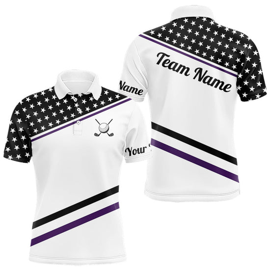 Maxcorners Mens Golf Polo Shirt Custom US Flag Black Purple Golf Shirt Patriotic Polo Team Clothing Attire