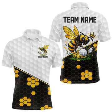 Maxcorners Custom Men's Golf Polo Shirt With Name Yellow Bee Golfer Hexagon Honeycomb Golf Tournament Jersey