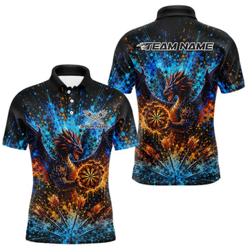 Maxcorners Blue And Orange Splatter Dragon Darts Polo Quarter-Zip Shirts For Men Custom Darts Team Jersey LM1508