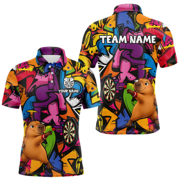 Maxcorners Personalized Capybara Darts Polo 1/4-Zip For Men Shirt Custom Graffiti Street Funny Darts Team Uniform