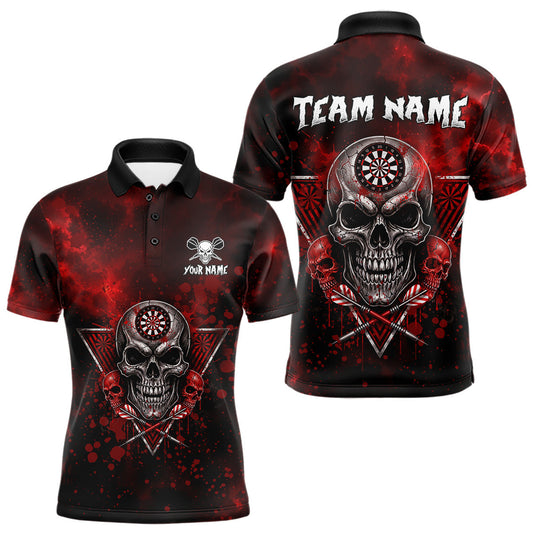 Maxcorners Custom Red Splatter Multi-Skull Men Darts Arrow Polo League Shirts Dart Team Jerseys