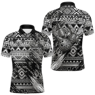 Maxcorners Custom Grunge Silver Tribal Bowling Shirts For Men Polynesian Bowling Team Shirts Bowling League LM1307