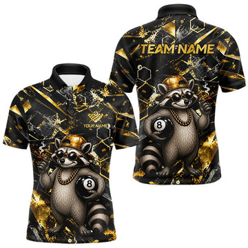Maxcorners Gold & Black Funny Rich Raccoon 8 Ball Billiard Shirt For Men Custom Polo & 1/4 Zip Pool Team Jersey LM1307
