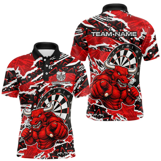 Maxcorners Personalized Men Darts Bull Grunge Red Polo Shirt Custom Name Polo 1/4-Zip Shirt Gift For Darters