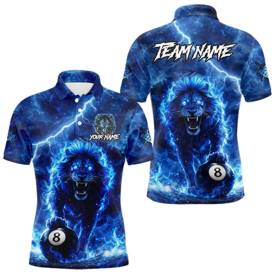 Maxcorners Personalized Billiards Shirt Blue Flames Lion 8 Ball Pool For Men Billiard Jersey Customized Name
