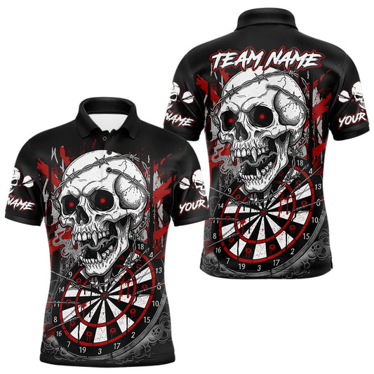 Maxcorners Custom Red Grey Skull Barbed Wire Dartboard Grunge Darts Polo Shirt For Men Dart Gifts MT1511