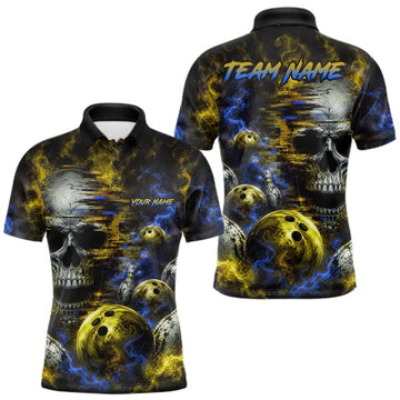 Maxcorners Custom Blue & Yellow Smoke Skull Bowling Shirts For Men Retro Skull Bowling Tournament Shirt LM1508
