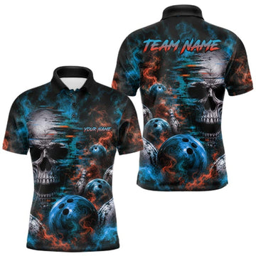 Maxcorners Custom Blue & Orange Smoke Skull Bowling Shirts For Men Retro Skull Bowling Tournament Shirt LM1508
