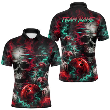 Maxcorners Custom Teal & Red Smoke Skull Bowling Shirts For Men Retro Skull Bowling Tournament Shirt LM1508