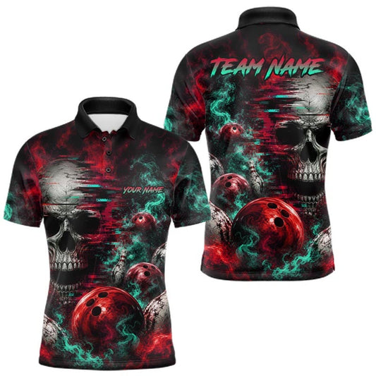 Maxcorners Custom Teal & Red Smoke Skull Bowling Shirts For Men Retro Skull Bowling Tournament Shirt LM1508