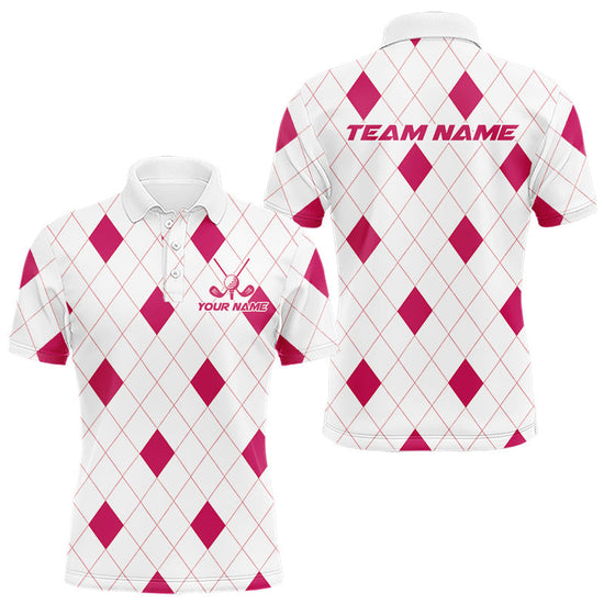 Maxcorners Pink Argyle Mens Golf Polo Shirt Custom Name Personalized Plaid Argyle Golf Shirt For Golfer
