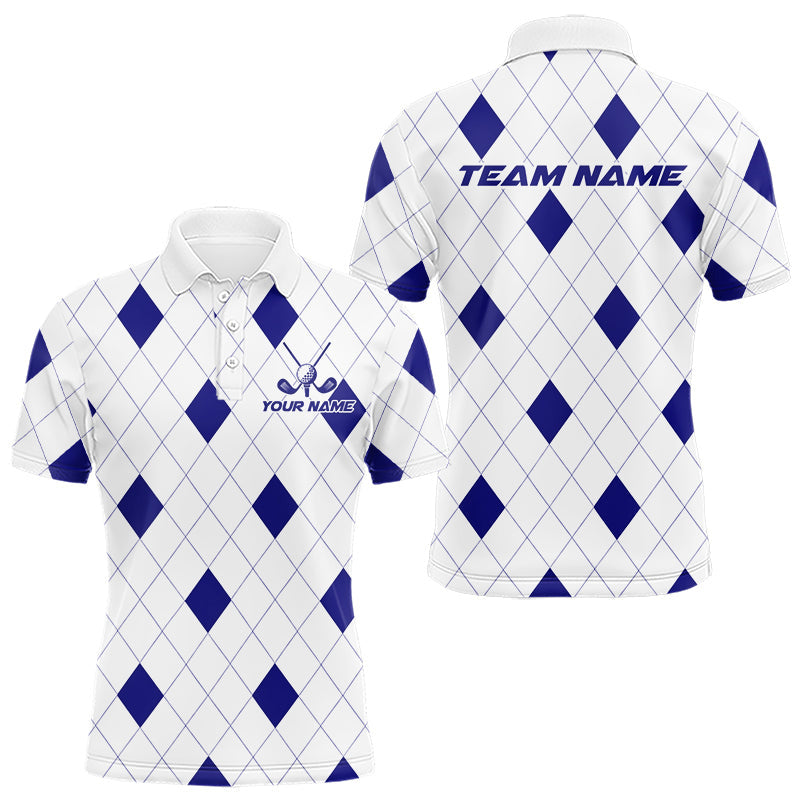 Maxcorners Navy Argyle Mens Golf Polo Shirt Custom Name Personalized Plaid Argyle Golf Shirt For Golfer
