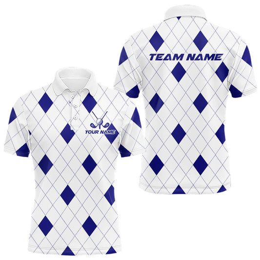 Maxcorners Navy Argyle Mens Golf Polo Shirt Custom Name Personalized Plaid Argyle Golf Shirt For Golfer