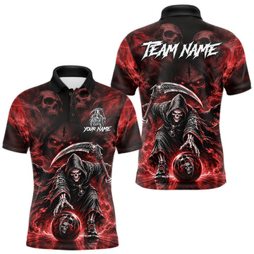 Maxcorners Black And Red Flame Grim Reaper Custom Skull Mens Bowling Shirt Team Outfit For Bowlers