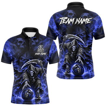 Maxcorners Black And Blue Flame Grim Reaper Custom Skull Mens Bowling Shirt Team Outfit For Bowlers
