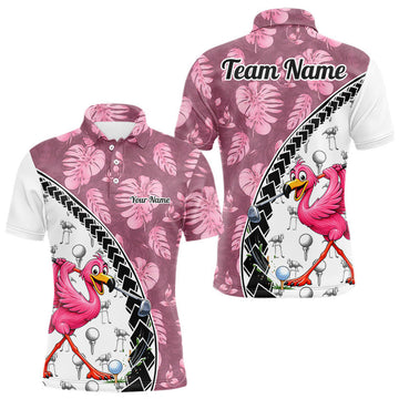 Maxcorners Golfing Flamingo Mens Golf Polo Shirt Custom Pink Pattern Monstera Golf Ball Clothes Shirts LM1903