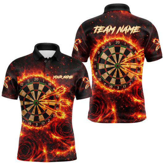 Maxcorners Red Flaming Roses Dartboard & Arrow Custom Men Darts Polo Shirts Fire Flame Dart Jerseys