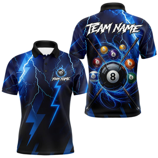 Maxcorners Thunder Lightning Billiard Ball Shirt For Men Custom Blue Flames 8 Ball Billiard Pool Jersey LM2704