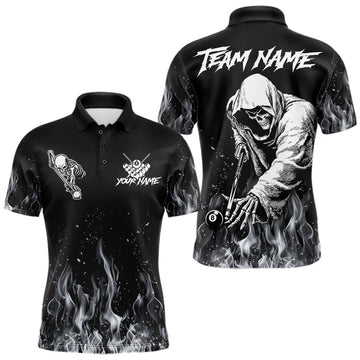 Maxcorners Grey Skeleton Play Pool Billiard Shirt For Men Custom Fire Flame Billiard Jersey, Billiards Gifts LM2704