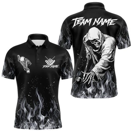 Maxcorners Grey Skeleton Play Pool Billiard Shirt For Men Custom Fire Flame Billiard Jersey, Billiards Gifts LM2704