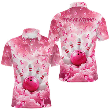 Maxcorners Custom Breast Cancer Bowling Polo 1/4-Zip For Men Shirt Pink Cloud Ribbon Bowler Jersey Bowling League LM2709
