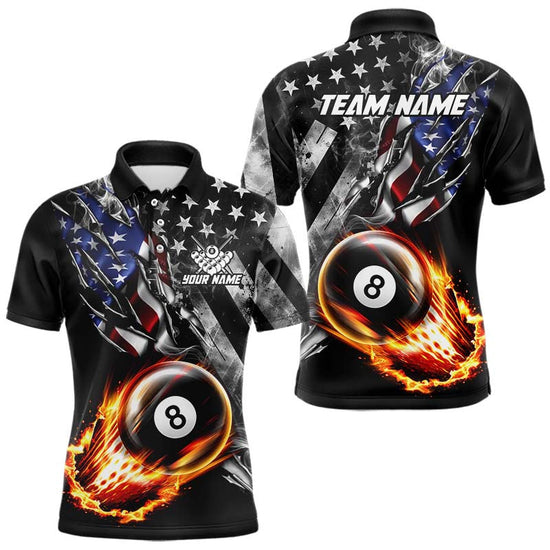 Maxcorners Custom 8 Ball Fire Pool Polo 1/4-Zip Shirt For Men Patriotic American Flag Pool Billiard Team Jersey