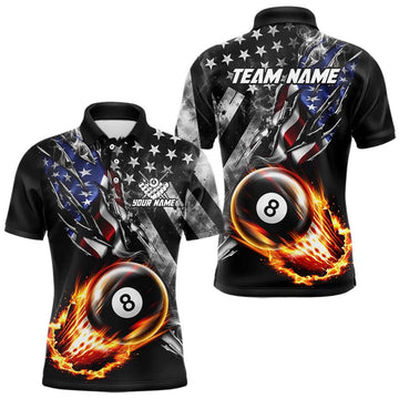 Maxcorners Custom 8 Ball Fire Pool Polo 1/4-Zip Shirt For Men Patriotic American Flag Pool Billiard Team Jersey