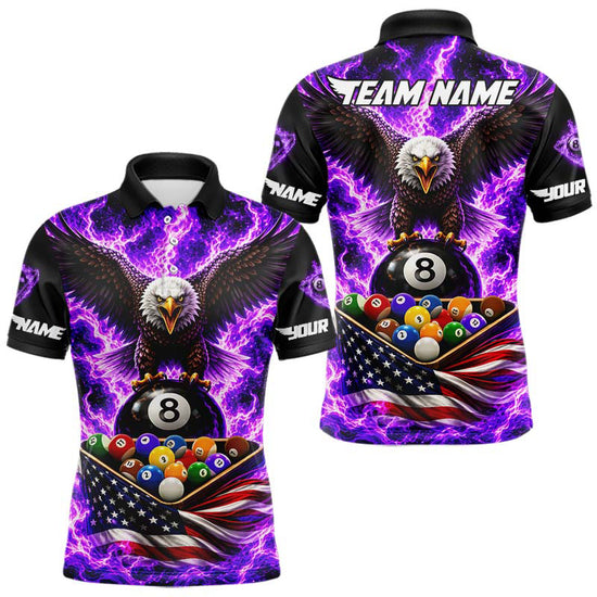 Maxcorners Purple Fire Flame Eagle US Flag Pool Ball 3D Billiard Shirt For Men Personalized 8 Ball Billiard Attire