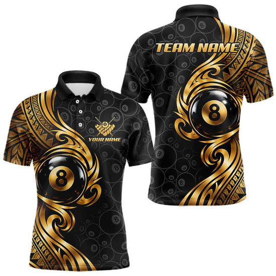 Maxcorners Custom Gold Tribal Swirl 8 Ball Pool Polo Shirt For Men Personalized Billiards Jersey Billiard Gift