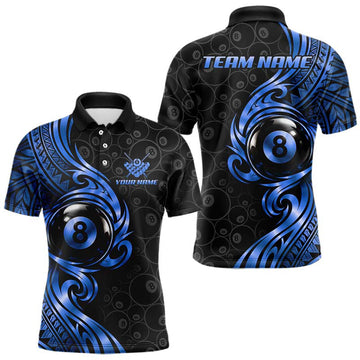 Maxcorners Custom Blue Tribal Swirl 8 Ball Pool Polo Shirt For Men Personalized Billiards Jersey Billiard Gift
